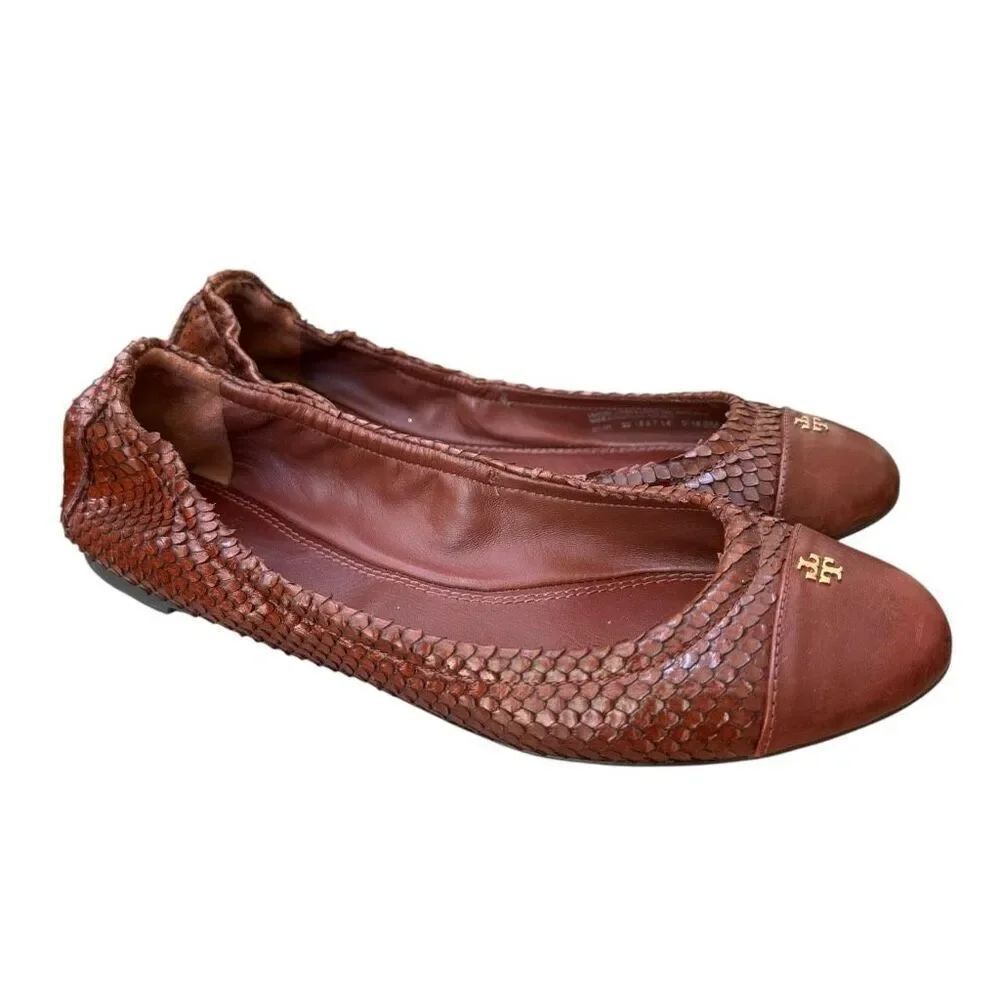 Tory Burch York Brown Leather Python Scale Cap Toe Ballet Flats Sz 8